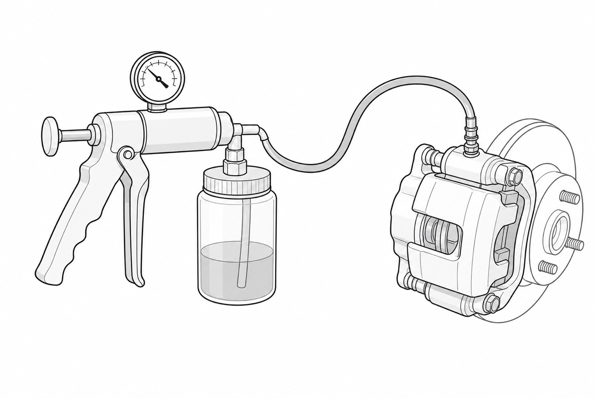 Line illustration of a hand-held vacuum-pump brake bleeder with a catch reservoir, connected by a hose to a caliper bleeder screw.
