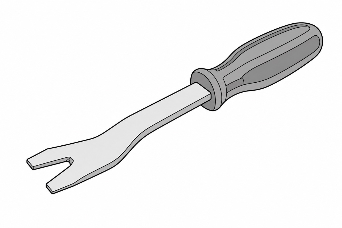Line illustration of a door-panel clip removal tool: a flat forked pry lever with a V-notch end and a handle.