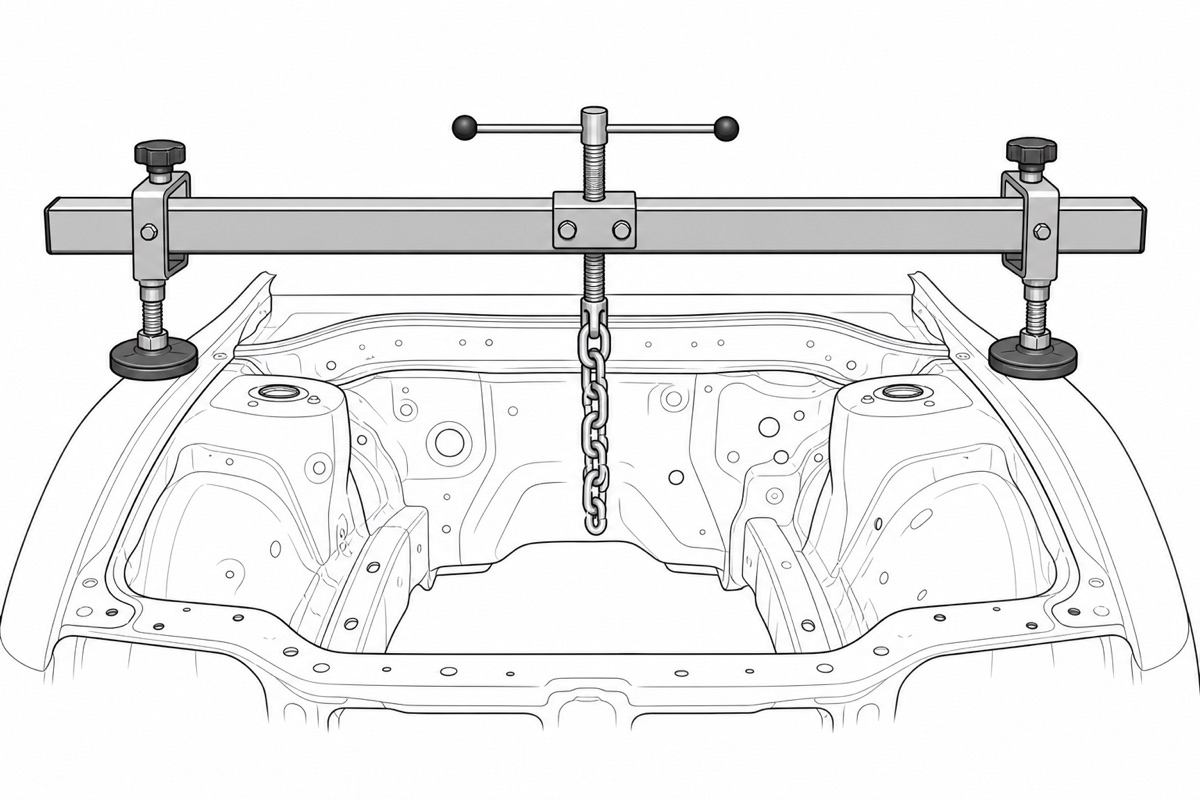 Line illustration of an engine support bar spanning an open engine bay, with a central threaded hook and chain to hold the engine from above.