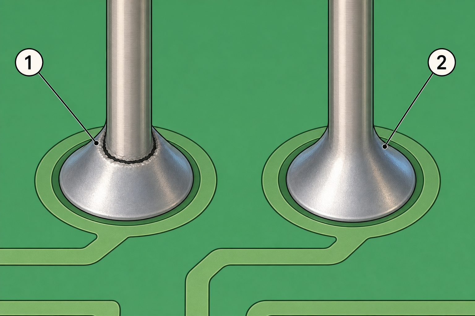 Generic close-up of two solder joints on a bare circuit board: joint 1 shows a hairline ring crack around the pin, joint 2 is a smooth, intact joint