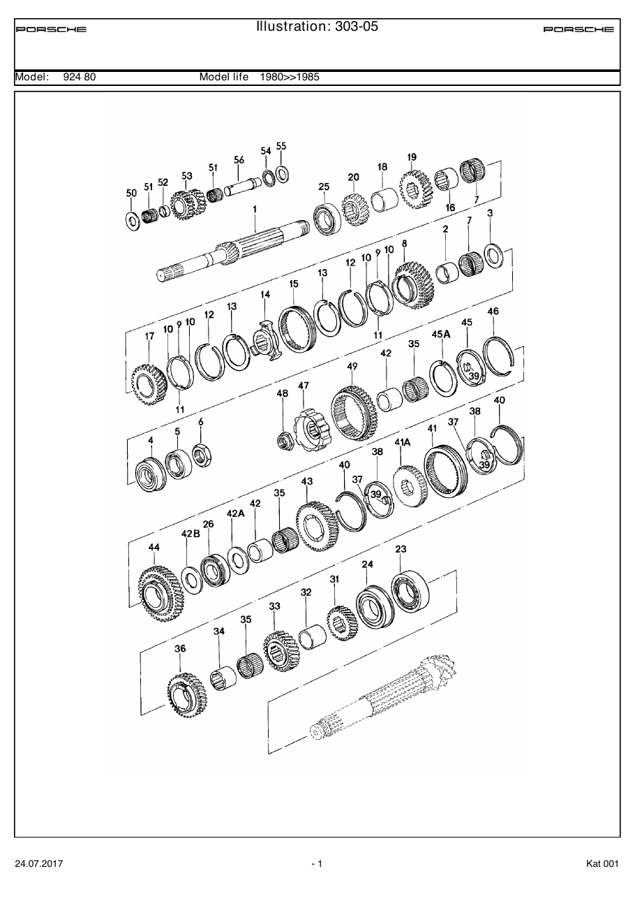Exploded parts diagram — Gears and shafts