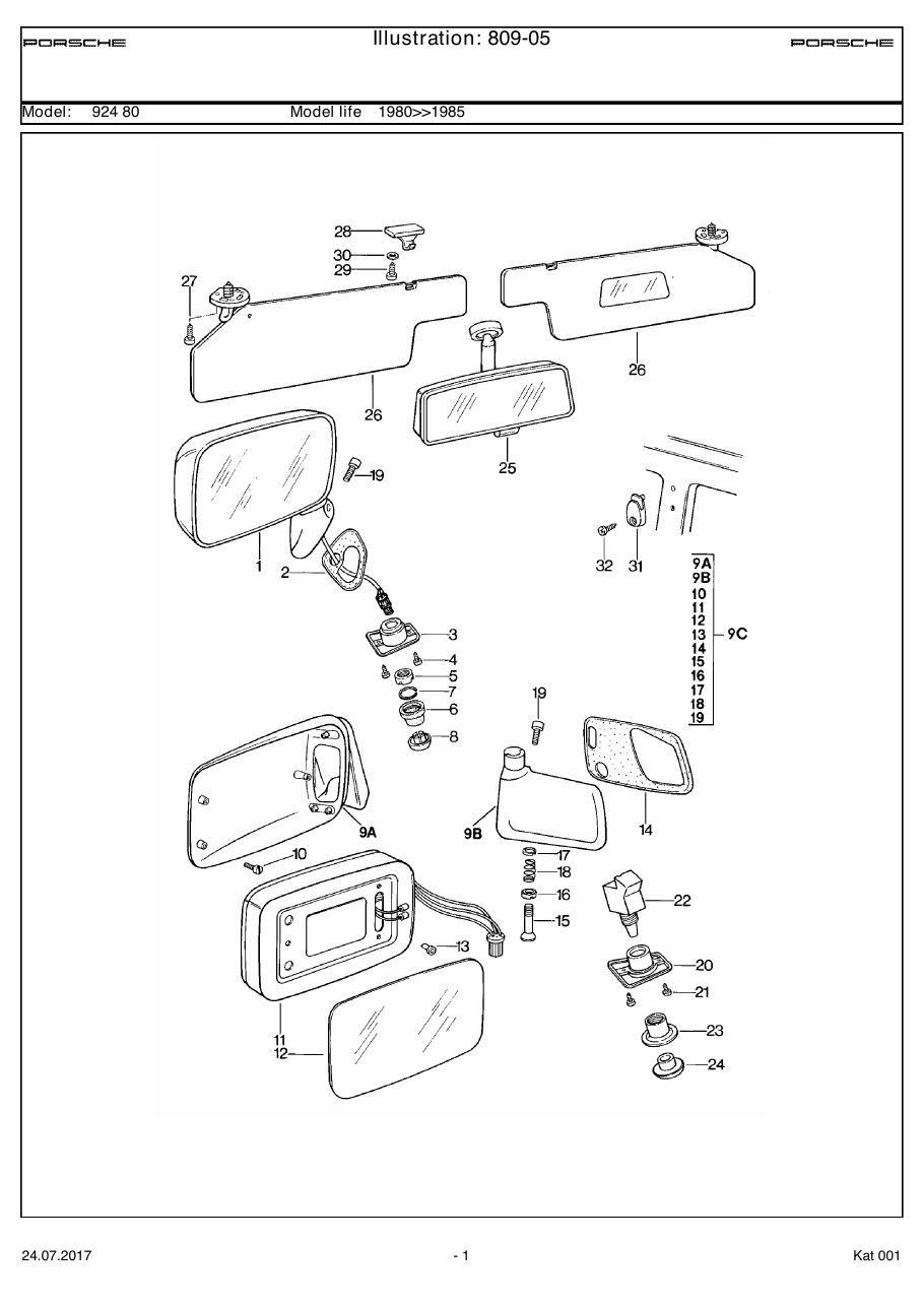 Exploded parts diagram — Door mirror